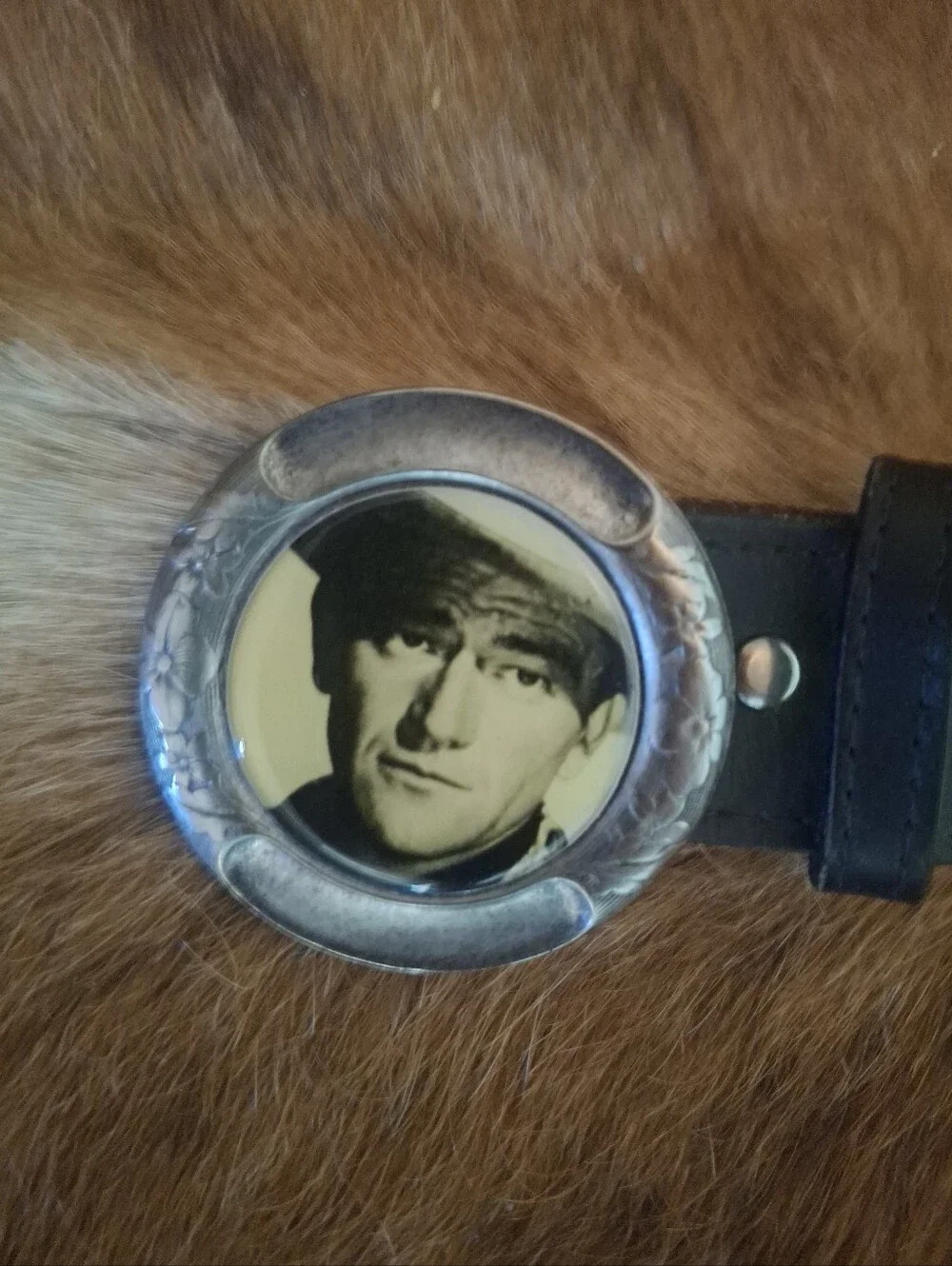 *RARE* Vintage Black Leather Belt with Western Actor Portrait Conchos